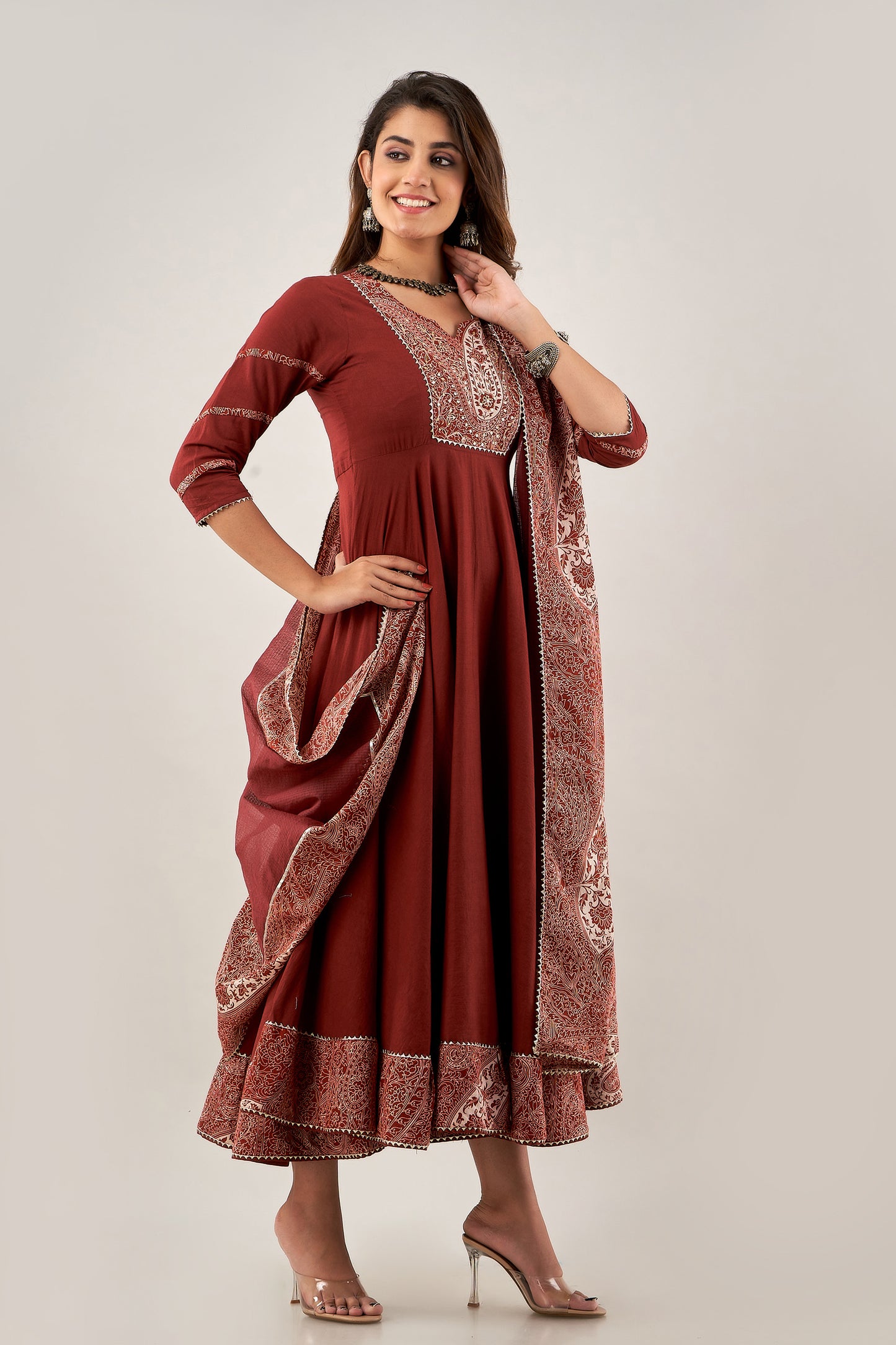Maroon Long Flared Kurta with Kota Doriya Dupatta (A228K2MRN)