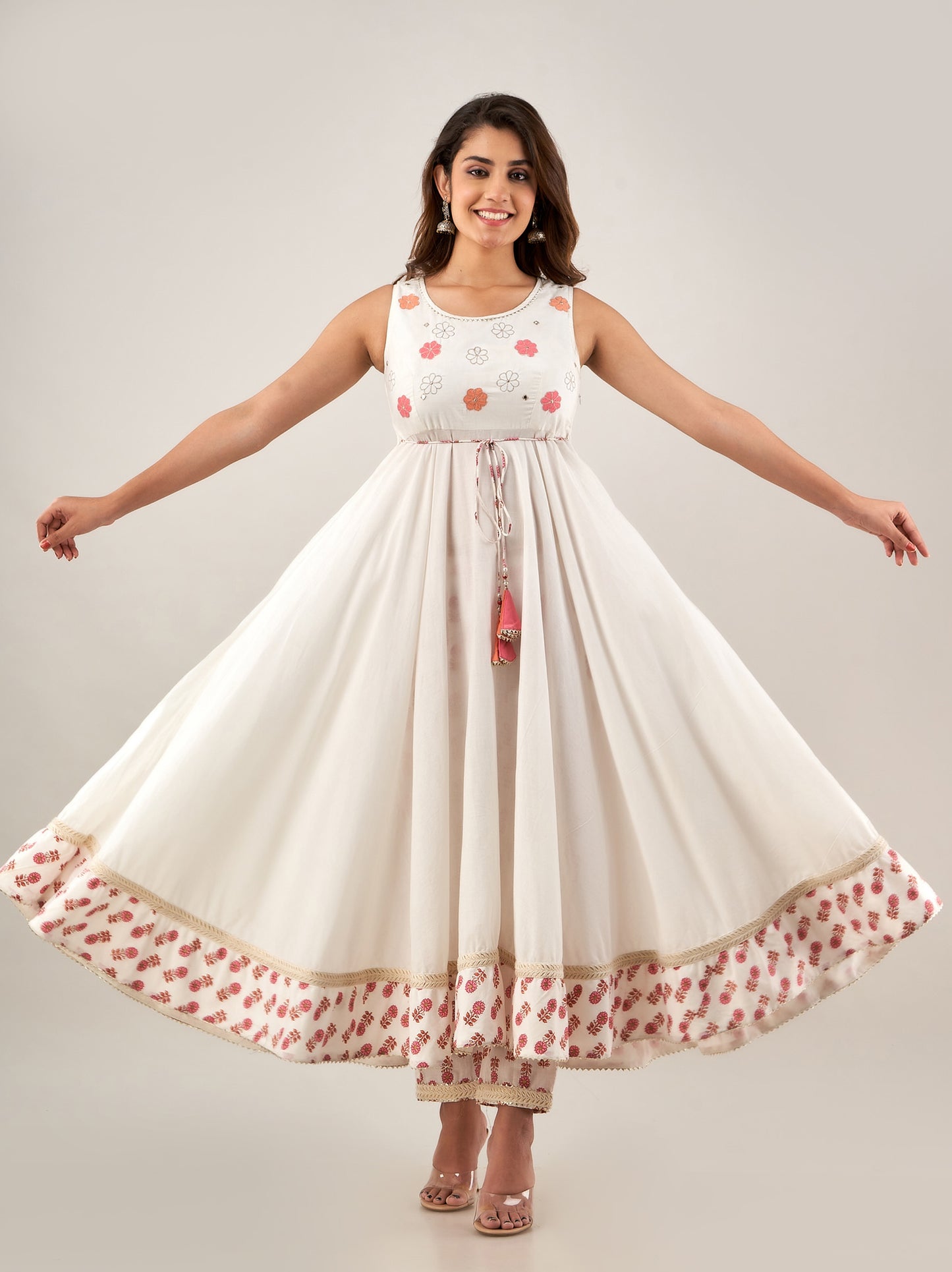 Flared white cotton kurta with printed pant and tie dye ombre crushed dupatta(A227K3WHT)