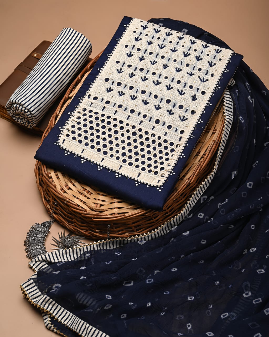 Navy Blue And White Unstitched Cotton Suit Set With Chiffon Dupatta (RBSPCLNVCTCF9)