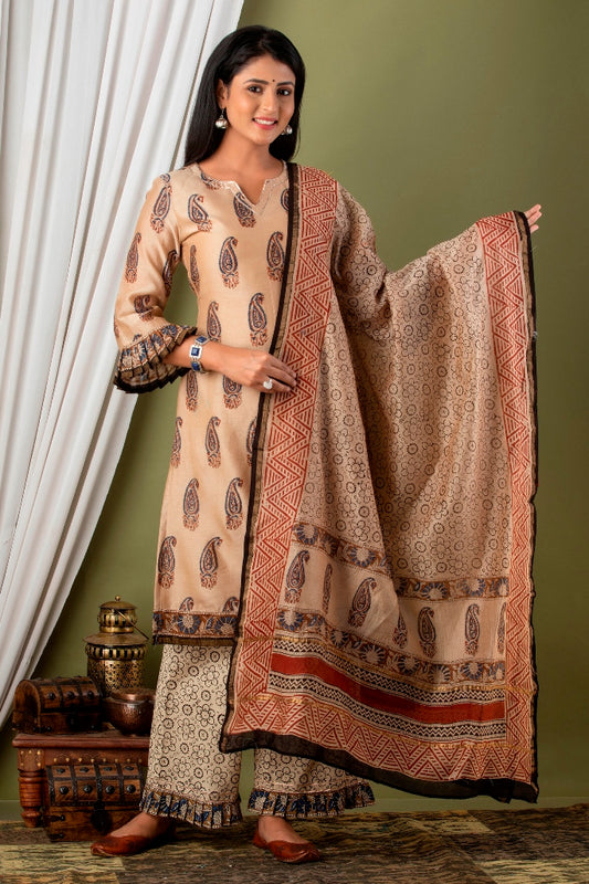 Lavish Beige Handblock Printed Chanderi Silk Suit Set With Chanderi Dupatta (A129K3BGE)