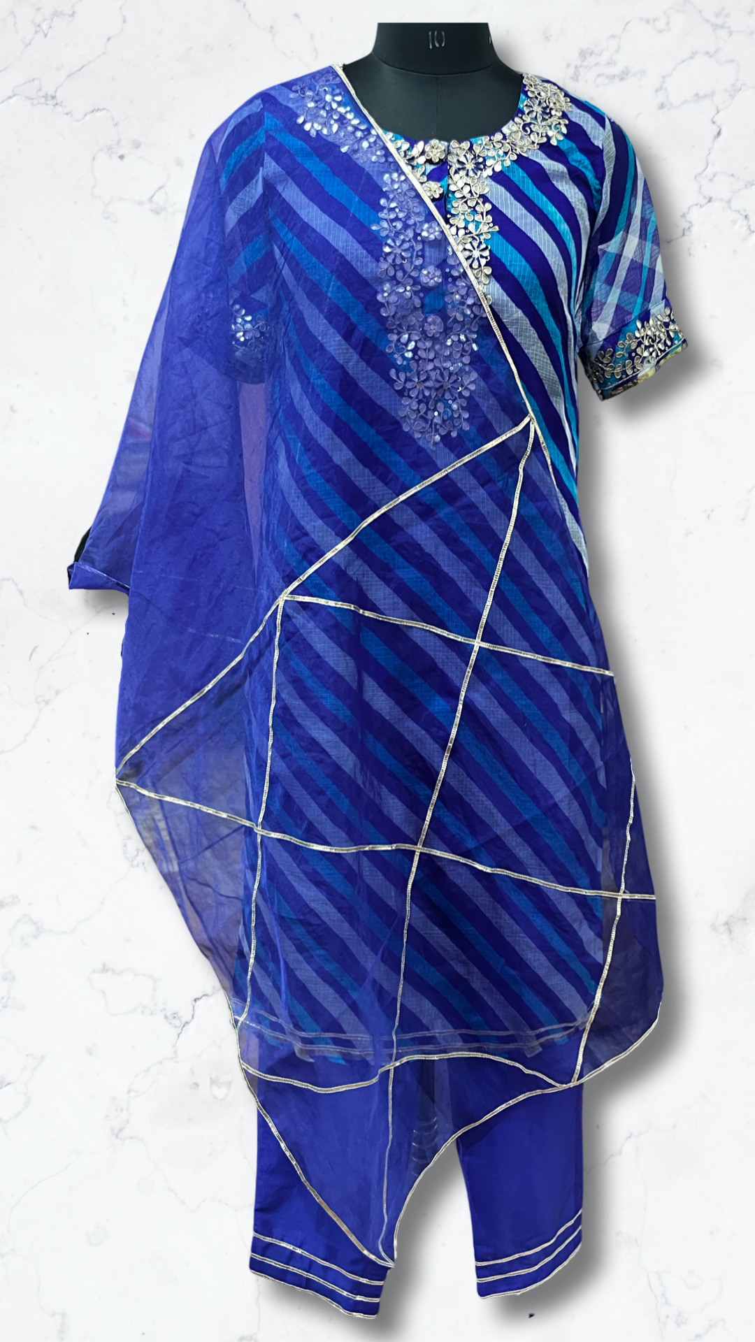 Pure hand embroidered and gota- patti Silk Doriya stitched suit set- Blue (A01DSBLU)