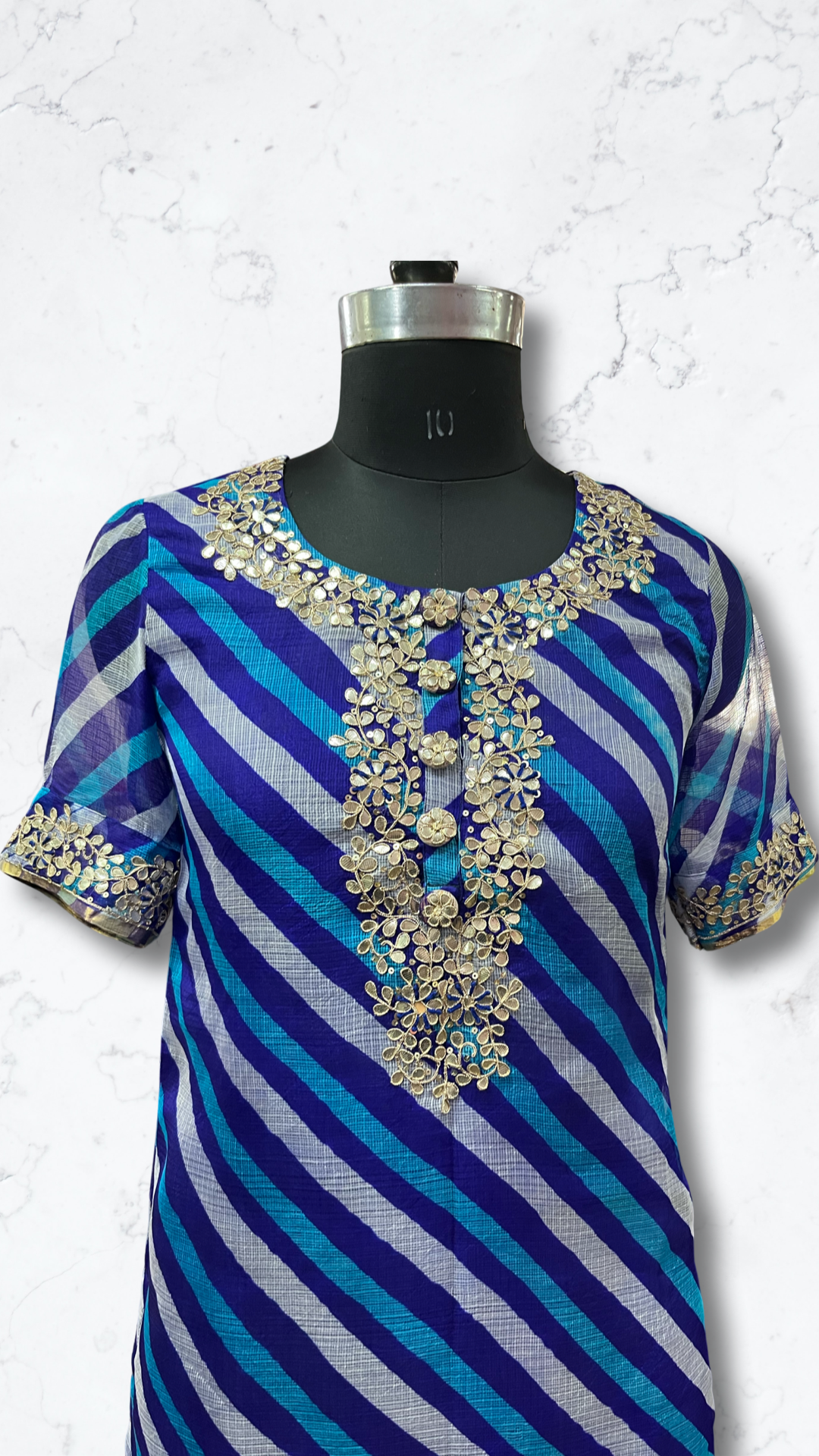 Pure hand embroidered and gota- patti Silk Doriya stitched suit set- Blue (A01DSBLU)
