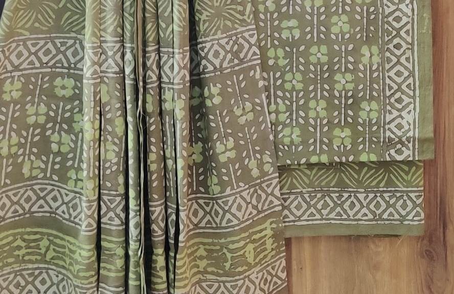 Pastel Green Handblock Printed Unstitched Cotton Suit Set With Mulmul Dupatta (299MH3CTML)