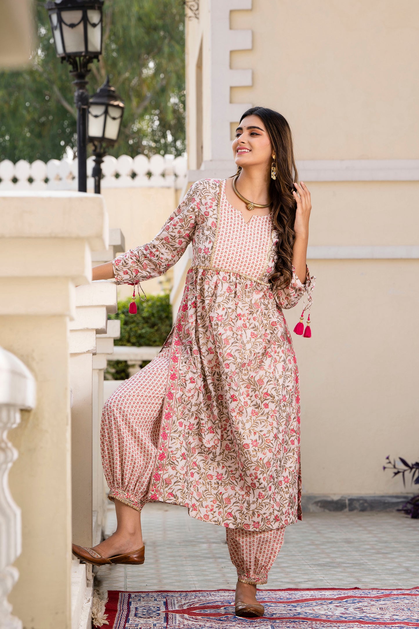 Pink Floral Gold Printed Kurta with Salwar(A213K2PNK)