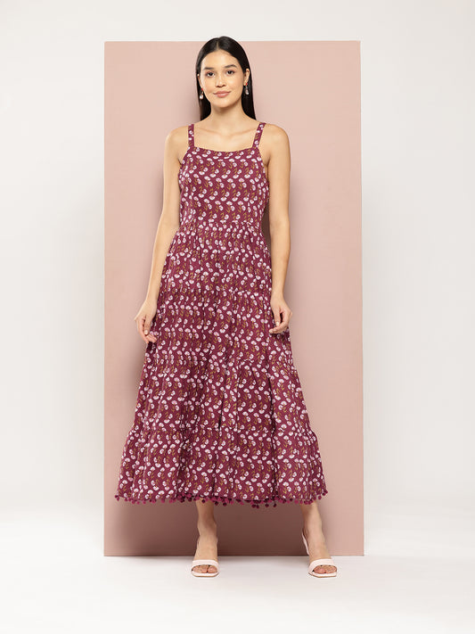 ArtiZenWeaves Womens Maroon Cotton Floral Printed Tiered Maxi Dress (A230K1MRN)