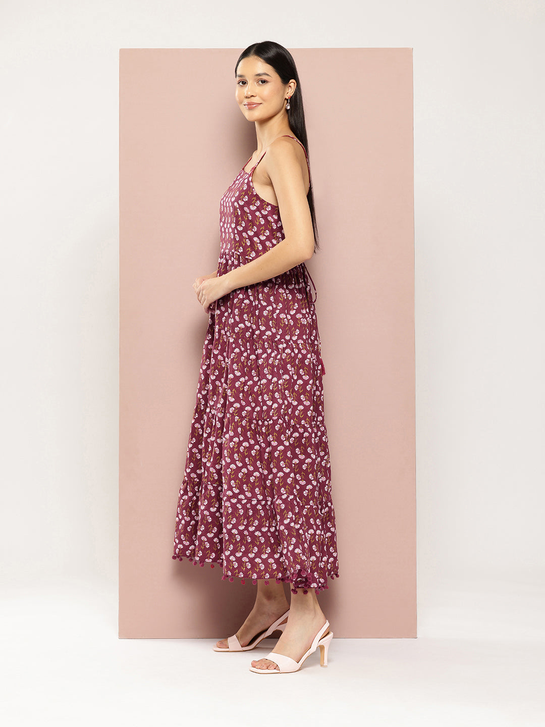 ArtiZenWeaves Womens Maroon Cotton Floral Printed Tiered Maxi Dress (A230K1MRN)