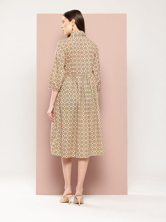 ArtiZenWeaves Womens Beige Cotton Geometric Printed A-Line Midi Dress (A232K1BGE)