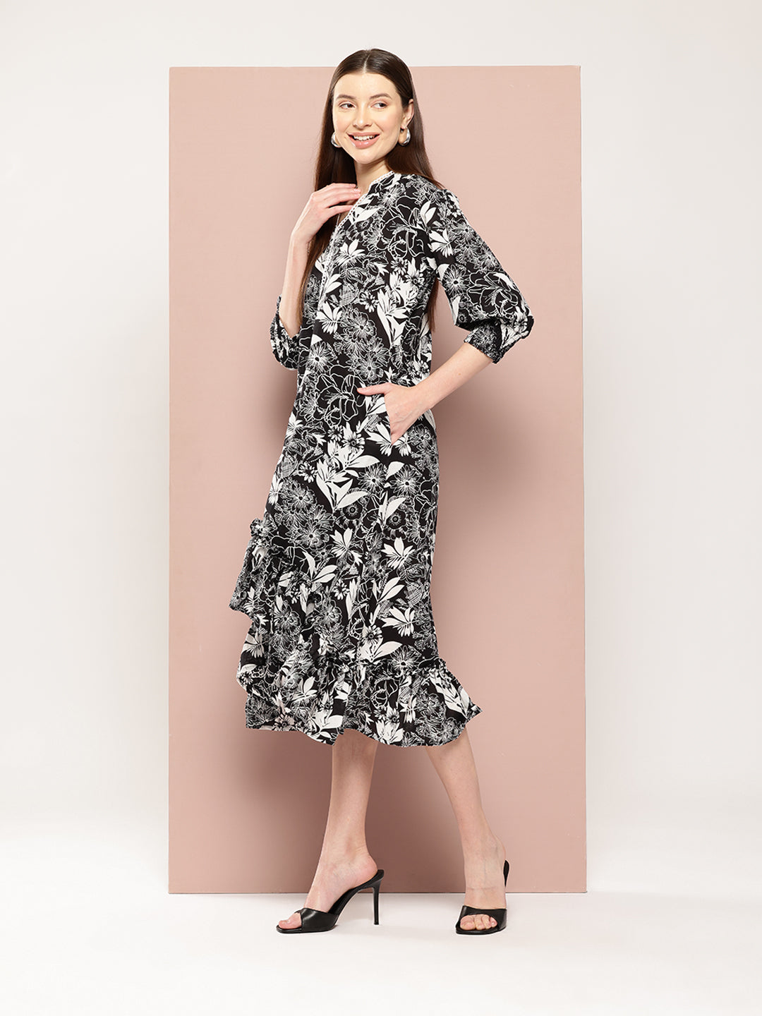 ArtiZenWeaves Womens Black Cotton Floral Printed A-Line Midi Dress (A233K1BLK)