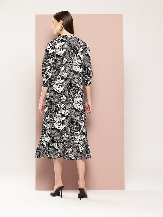 ArtiZenWeaves Womens Black Cotton Floral Printed A-Line Midi Dress (A233K1BLK)