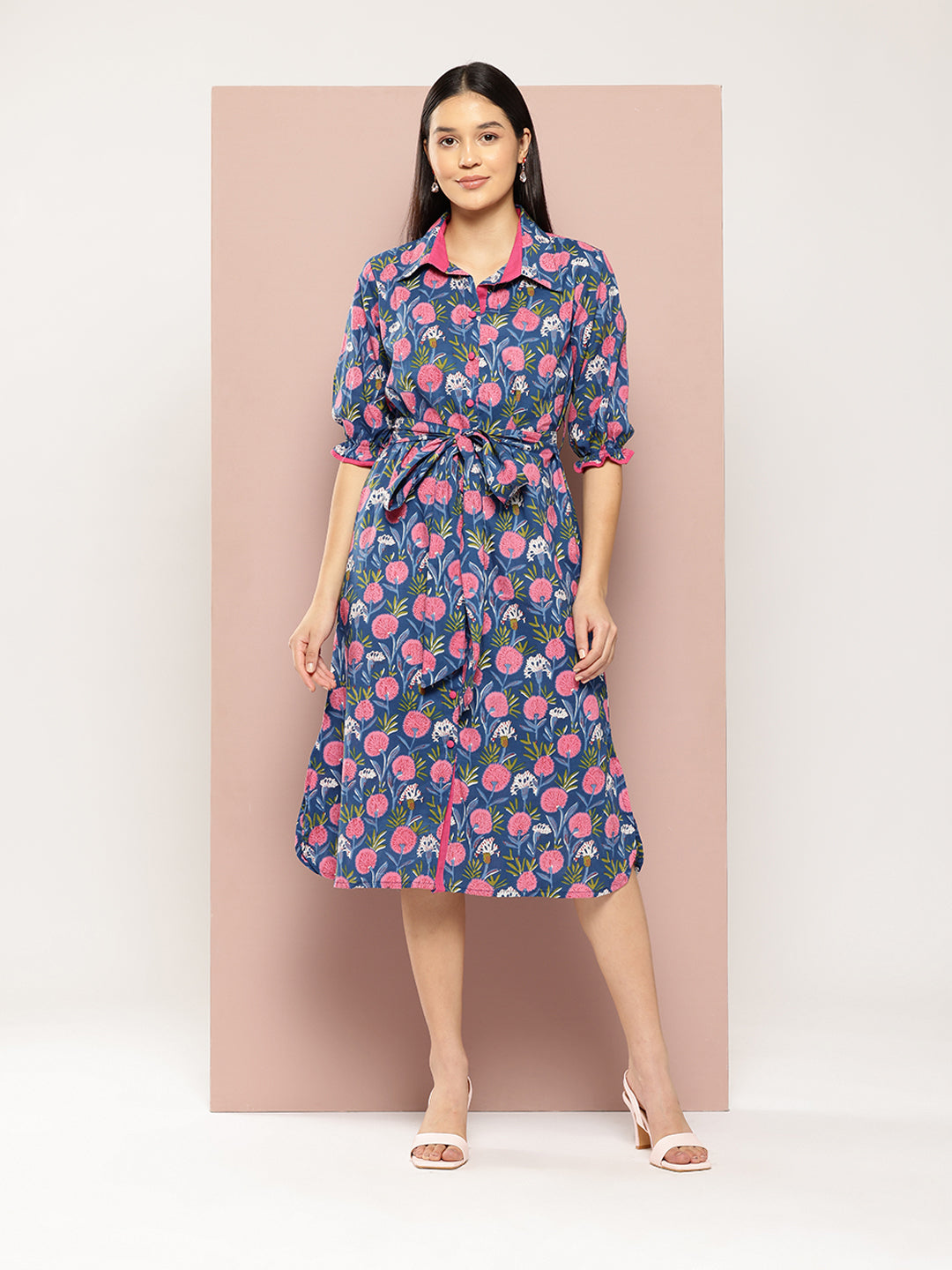 ArtiZenWeaves Womens Blue Cotton Floral Printed A-Line Midi Dress (A234K1BLU)