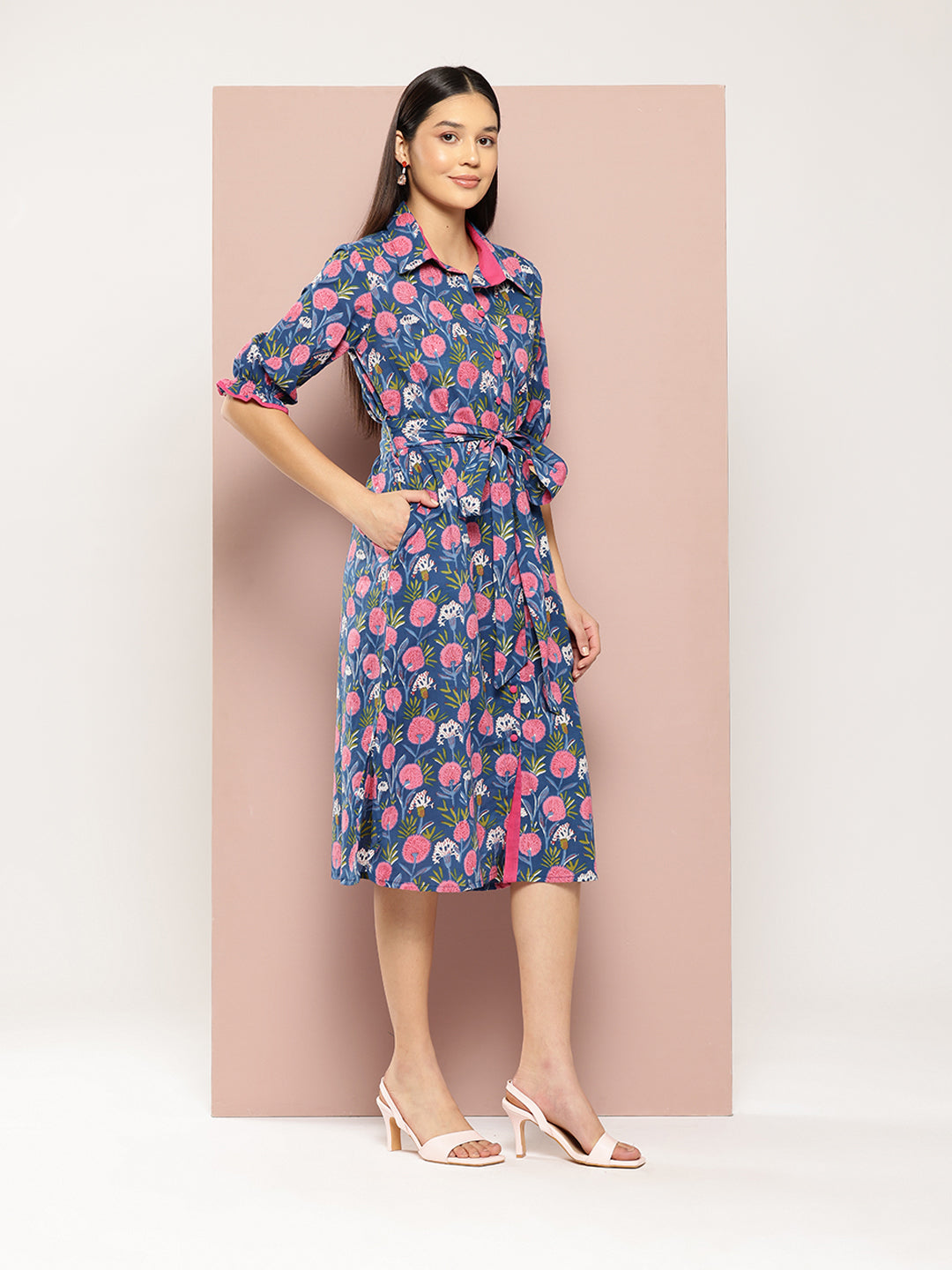 ArtiZenWeaves Womens Blue Cotton Floral Printed A-Line Midi Dress (A234K1BLU)