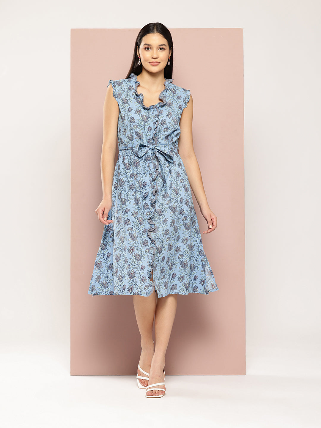 ArtiZenWeaves Womens Light Blue Cotton Floral Printed A-Line Midi Dress (A236K1LBL)