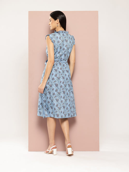 ArtiZenWeaves Womens Light Blue Cotton Floral Printed A-Line Midi Dress (A236K1LBL)