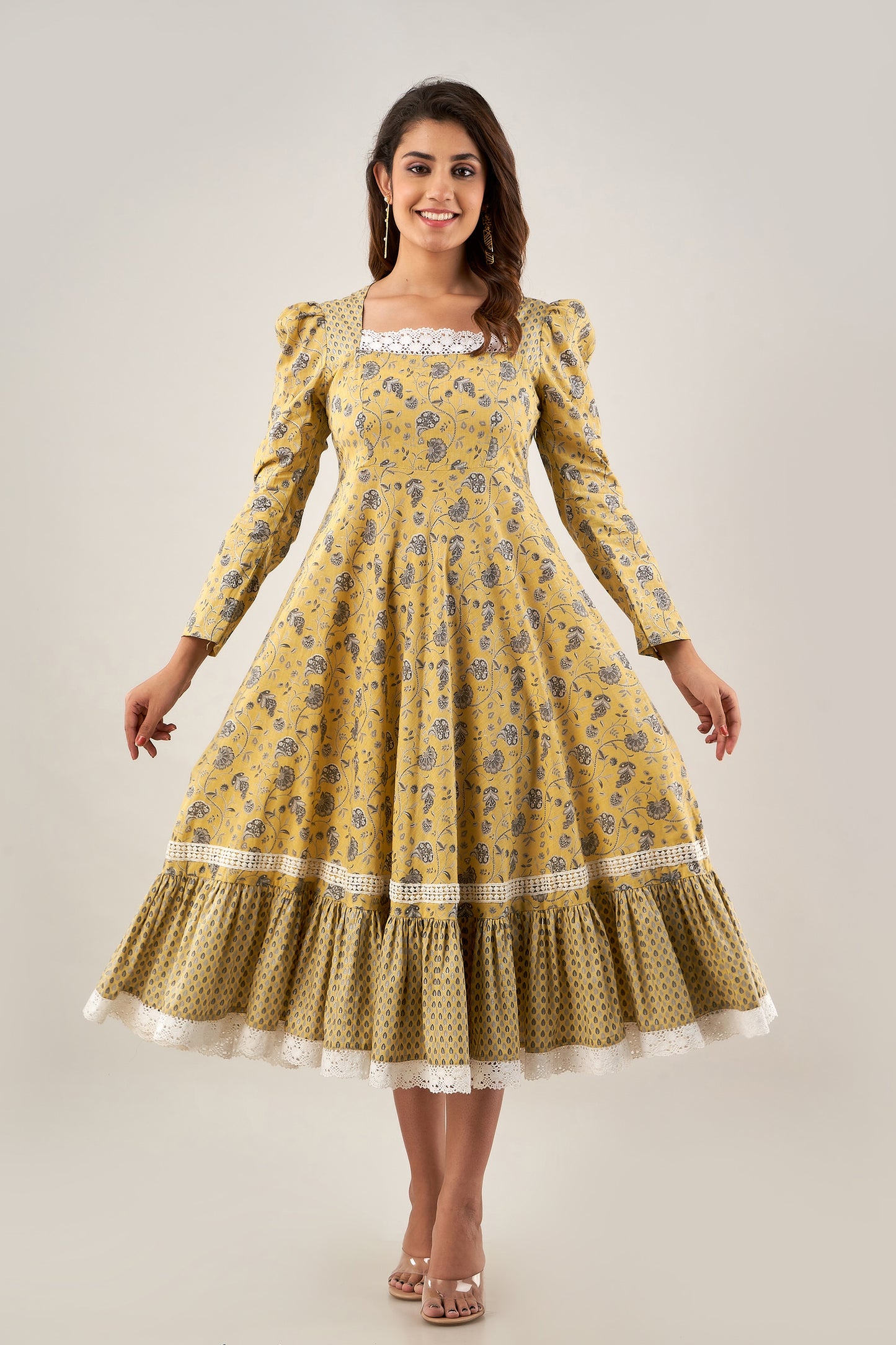 Yellow Cotton printed  flared dress(A224K1YLW)
