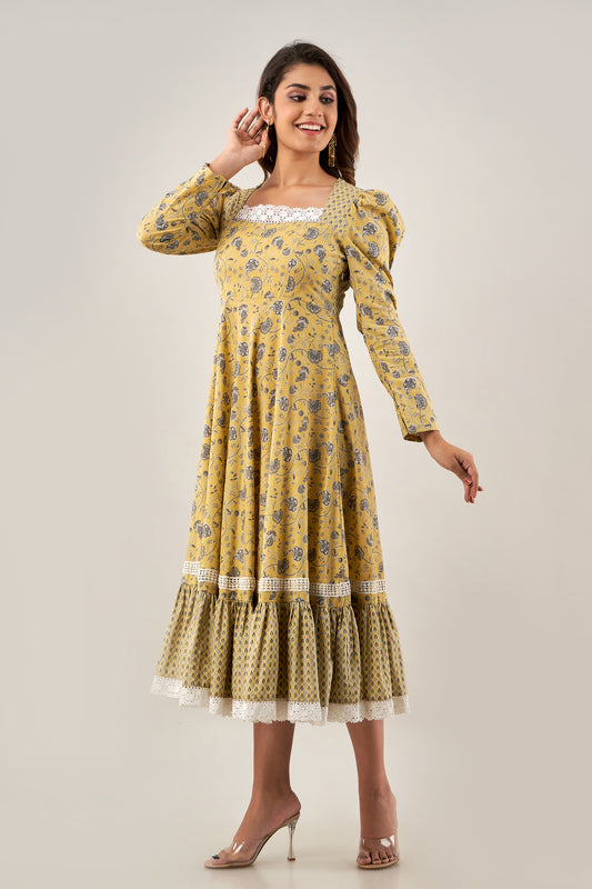 Yellow Cotton printed  flared dress(A224K1YLW)