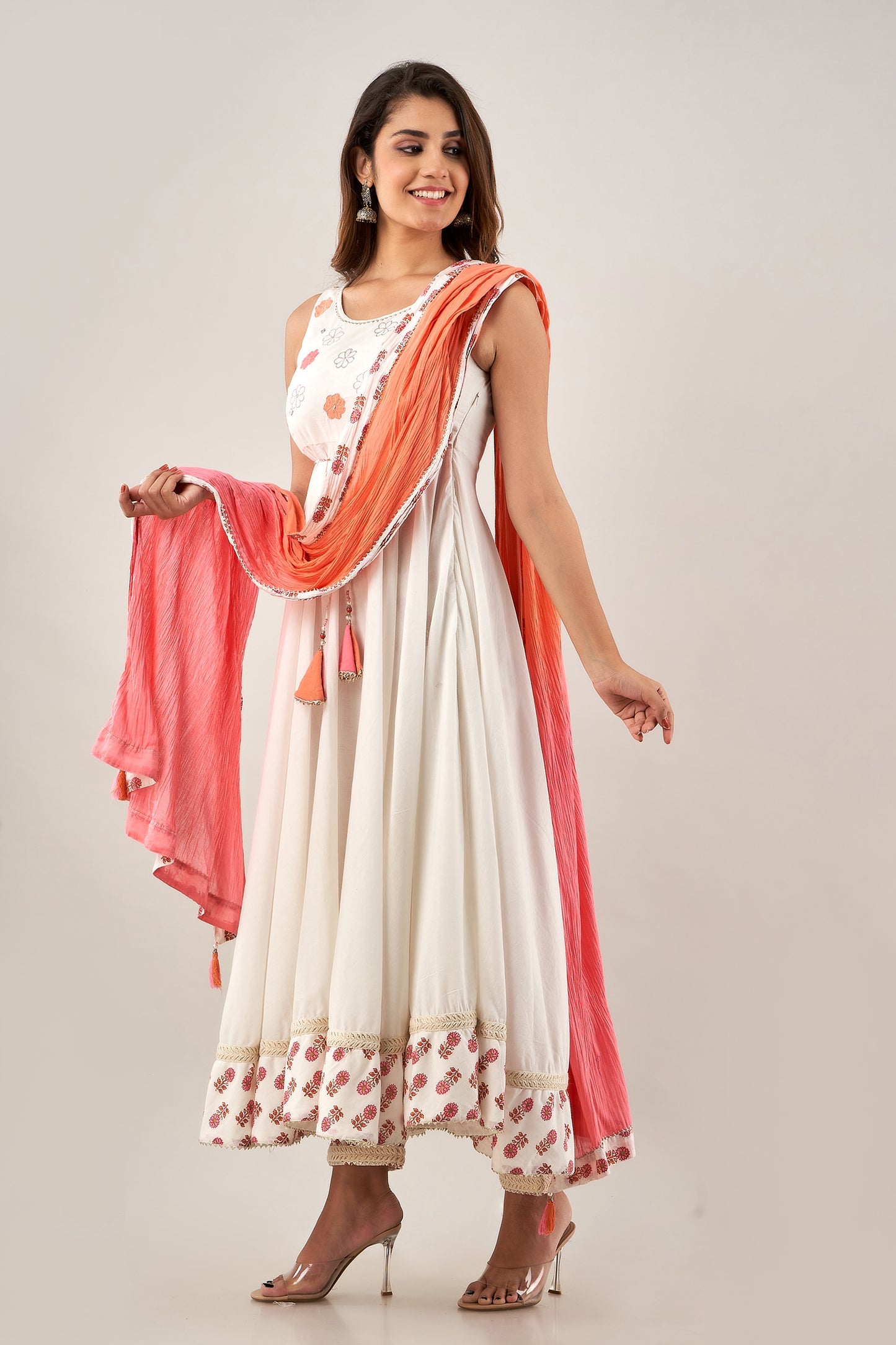 Flared white cotton kurta with printed pant and tie dye ombre crushed dupatta(A227K3WHT)