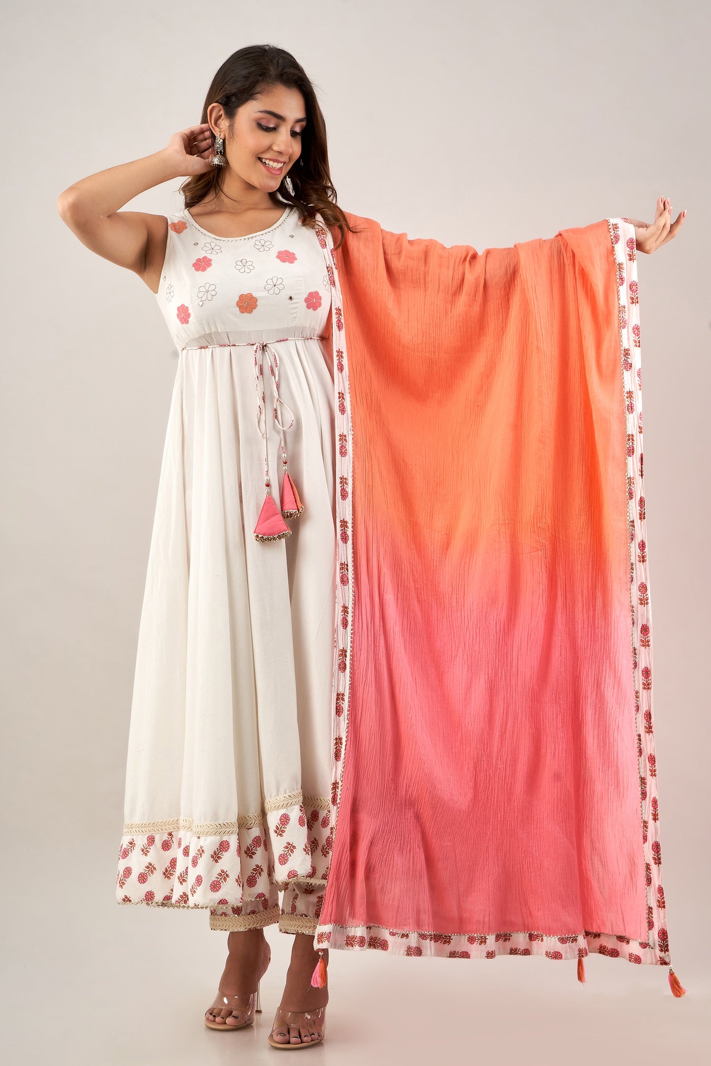 Flared white cotton kurta with printed pant and tie dye ombre crushed dupatta(A227K3WHT)