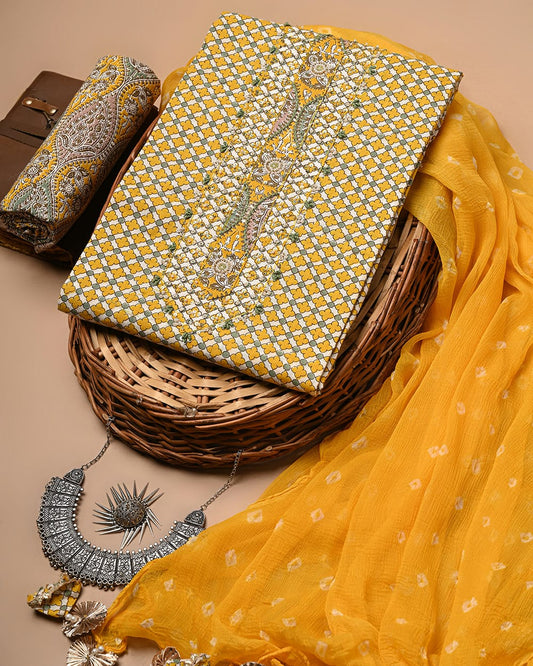 Yellow Unstitched Cotton Suit Set With Chiffon Dupatta (RBSPCLNVCTCF12)