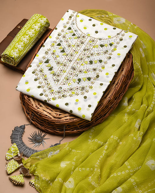 Pastel Green And White Unstitched Cotton Suit Set With Chiffon Dupatta (RBSPCLNVCTCF10)