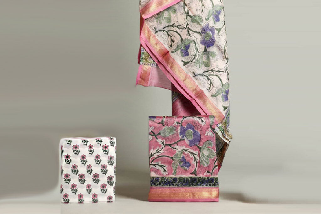 Pink Floral Paradise Hand Block Printed Maheshwari Unstitched Suit Set (306MH3MSMS)