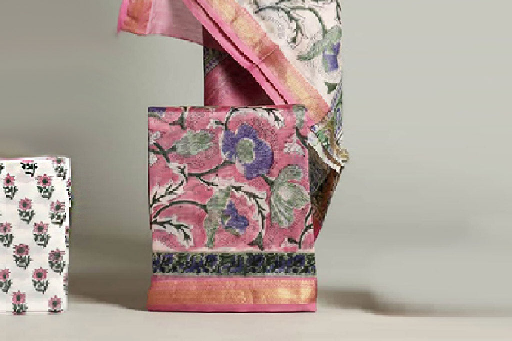 Pink Floral Paradise Hand Block Printed Maheshwari Unstitched Suit Set (306MH3MSMS)