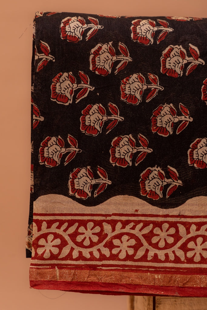 Charcoal Black and Beige Handblock Bagru Printed Chanderi Silk Unstitched Suit Set (102NV3CHCH)