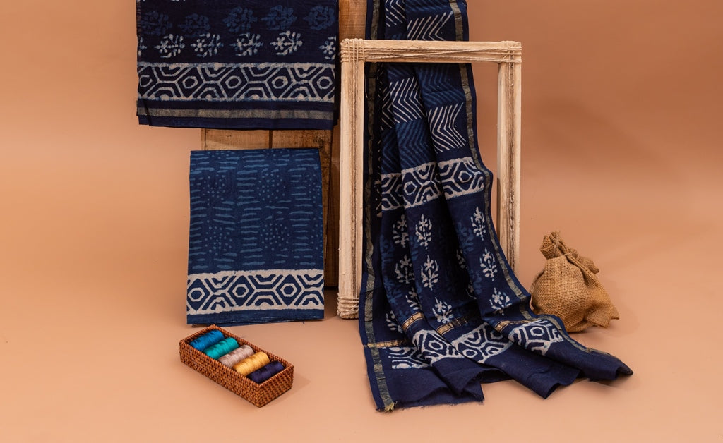 Indigo Blue Handblock Printed Chanderi Silk Unstitched Suit Set (103NV3CHCH)
