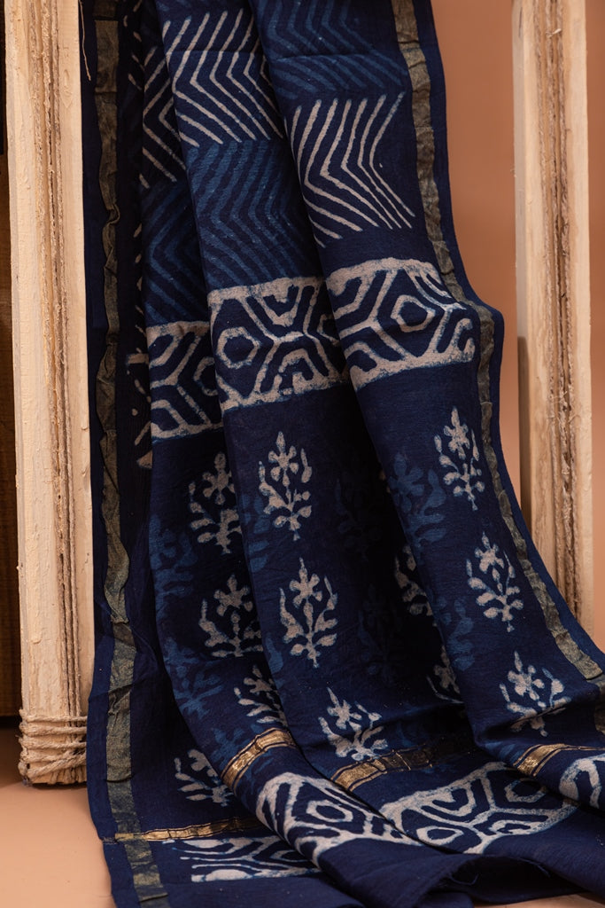 Indigo Blue Handblock Printed Chanderi Silk Unstitched Suit Set (103NV3CHCH)