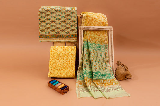 Mint Green and Chrome Yellow Handblock Printed Chanderi Silk Unstitched Suit Set (104NV3CHCH)