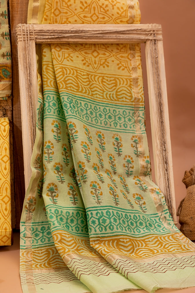 Mint Green and Chrome Yellow Handblock Printed Chanderi Silk Unstitched Suit Set (104NV3CHCH)