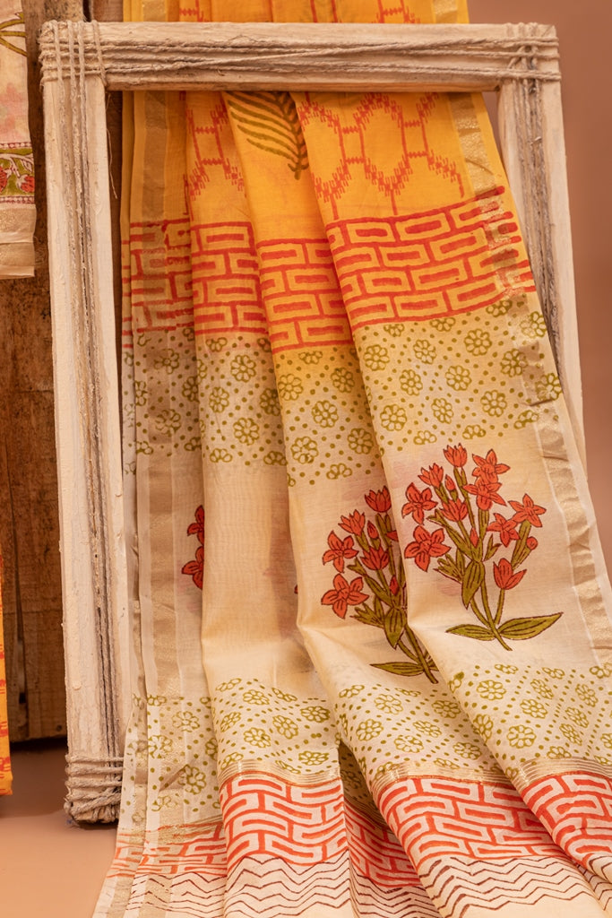 Magnolia Cream and Amber Orange- Red Handblock Printed Chanderi Silk Unstitched Suit Set (105NV3CHCH)