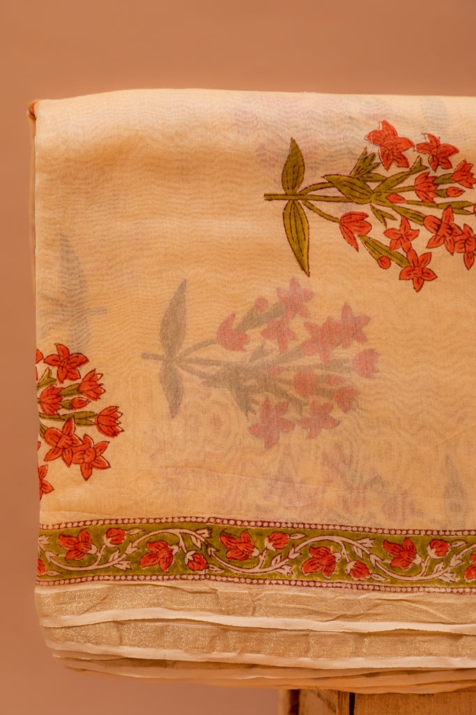 Magnolia Cream and Amber Orange- Red Handblock Printed Chanderi Silk Unstitched Suit Set (105NV3CHCH)