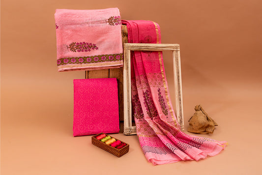 Rose Pink Handblock Printed Chanderi Silk Unstitched Suit Set (106NV3CHCH)