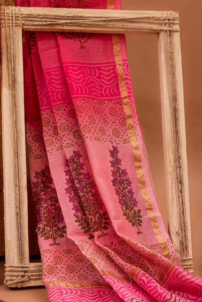 Rose Pink Handblock Printed Chanderi Silk Unstitched Suit Set (106NV3CHCH)