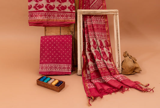 Strawberry Pink and White Handblock Dabu Printed Chanderi Silk Unstitched Suit Set (107NV3CHCH)