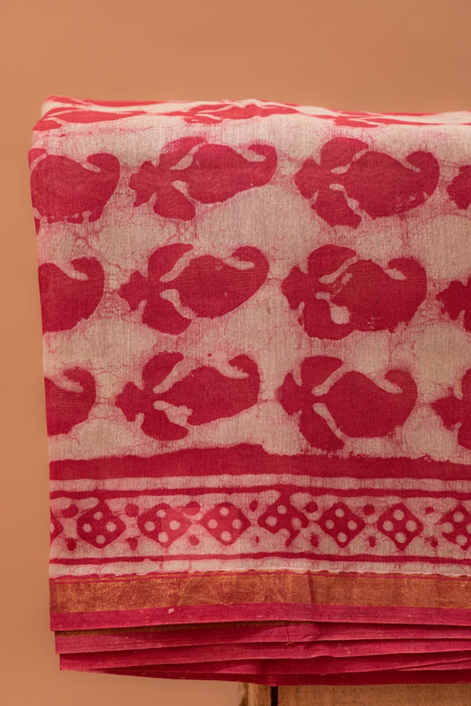 Strawberry Pink and White Handblock Dabu Printed Chanderi Silk Unstitched Suit Set (107NV3CHCH)
