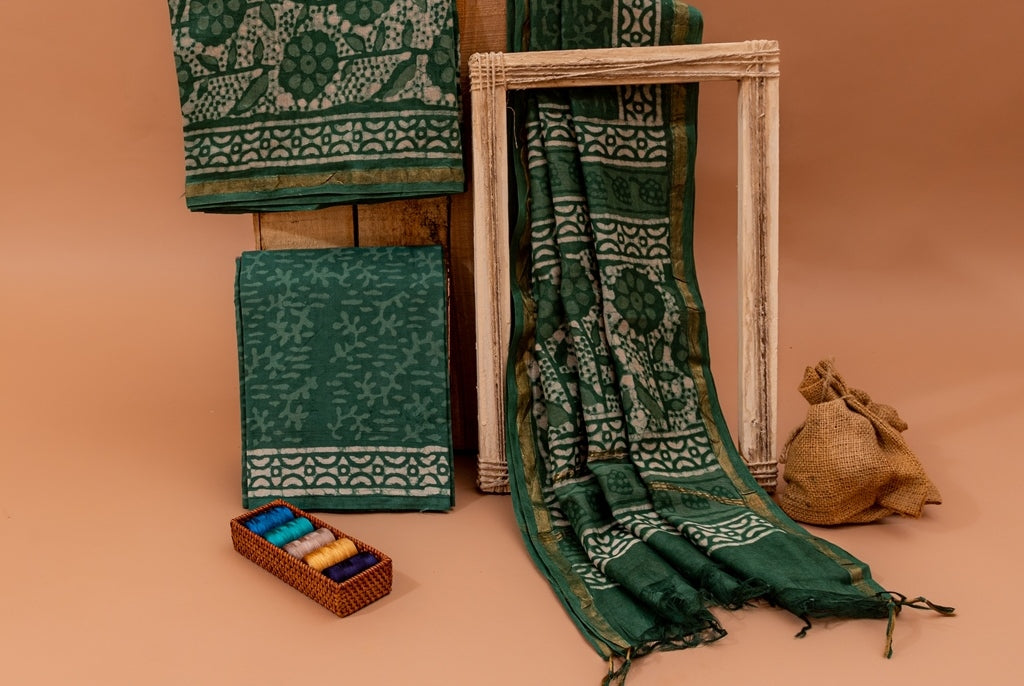 Forest Green and White Handblock Dabu Printed Chanderi Silk Unstitched Suit Set (108NV3CHCH)