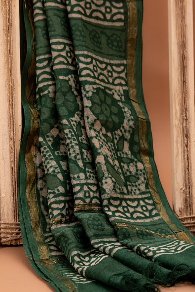 Forest Green and White Handblock Dabu Printed Chanderi Silk Unstitched Suit Set (108NV3CHCH)