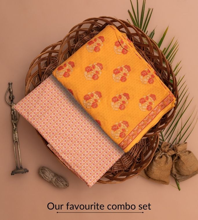 Sunrise Orange & Red Cotton Fabric In Gold Imprint - price per meter (227DG1RFCT)