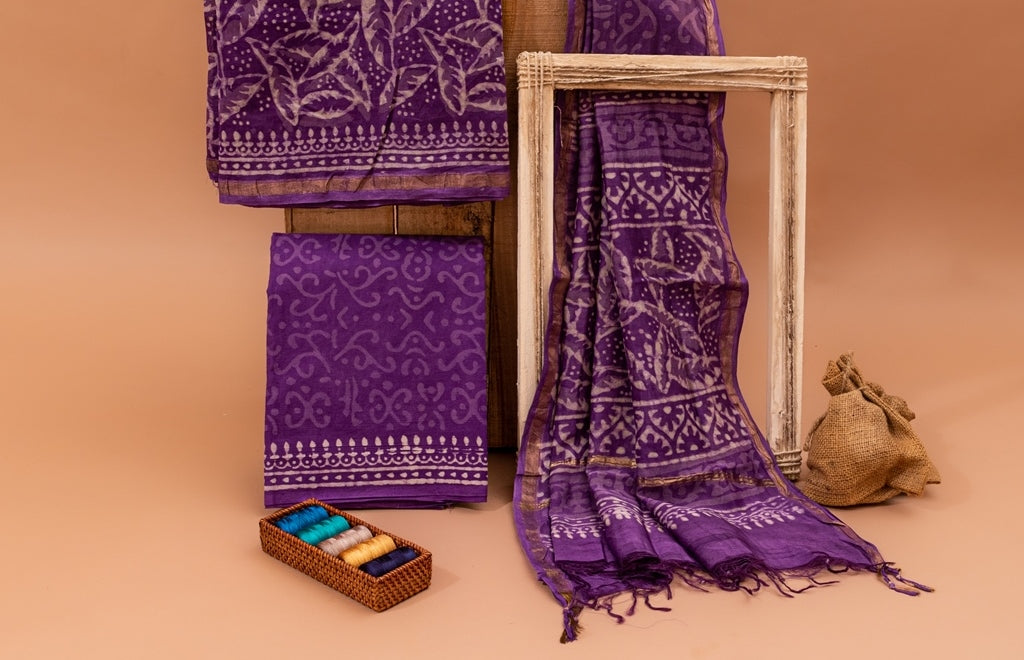 Rebecca Purple and White Handblock Dabu Printed Chanderi Silk Unstitched Suit Set (110NV3CHCH)