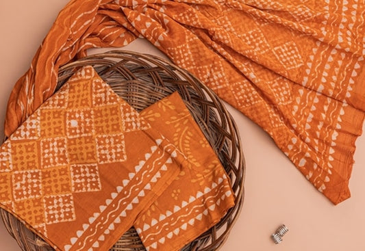 Burnt Orange Handblock Dabu Printed Unstitched Cotton Suit Set With Chiffon Dupatta (112NV3CTCF)
