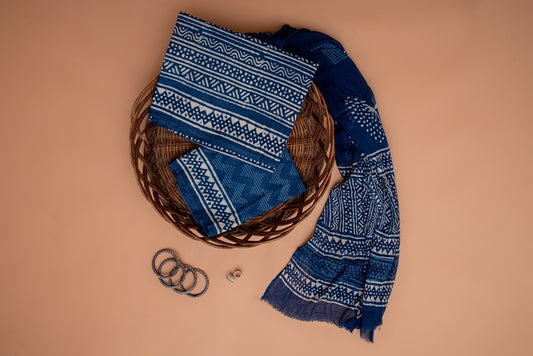 Indigo Blue and White Handblock Printed Unstitched Cotton Suit Set With Chiffon Dupatta (113NV3CTCF)