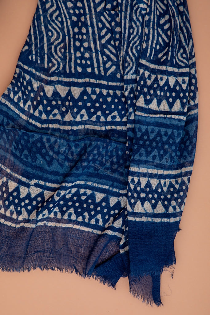 Indigo Blue and White Handblock Printed Unstitched Cotton Suit Set With Chiffon Dupatta (113NV3CTCF)