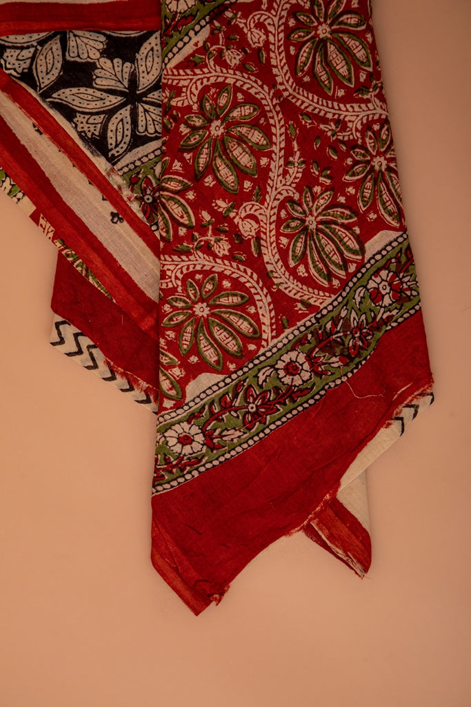 Shiraz Red and Beige Handblock Bagru Printed Unstitched Cotton Suit Set With Mulmul Dupatta (114NV3CTML)