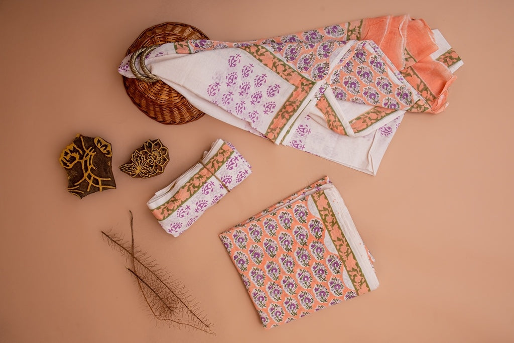 Soft Peach and White- Purple Handblock Printed Unstitched Cotton Suit Set With Mulmul Dupatta (115NV3CTML)