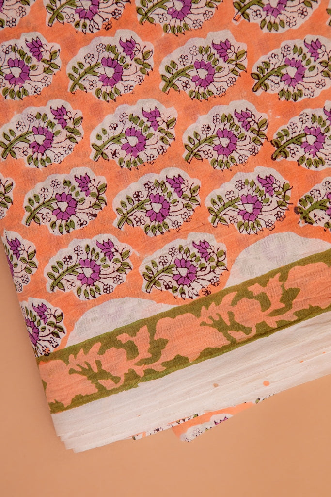 Soft Peach and White- Purple Handblock Printed Unstitched Cotton Suit Set With Mulmul Dupatta (115NV3CTML)