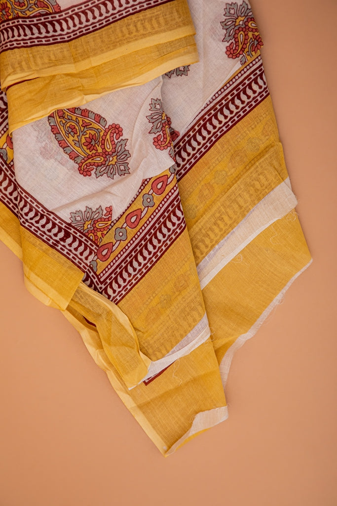 Dandelion Yellow and Punch Pink- White Handblock Printed Unstitched Cotton Suit Set With Mulmul Dupatta (116NV3CTML)