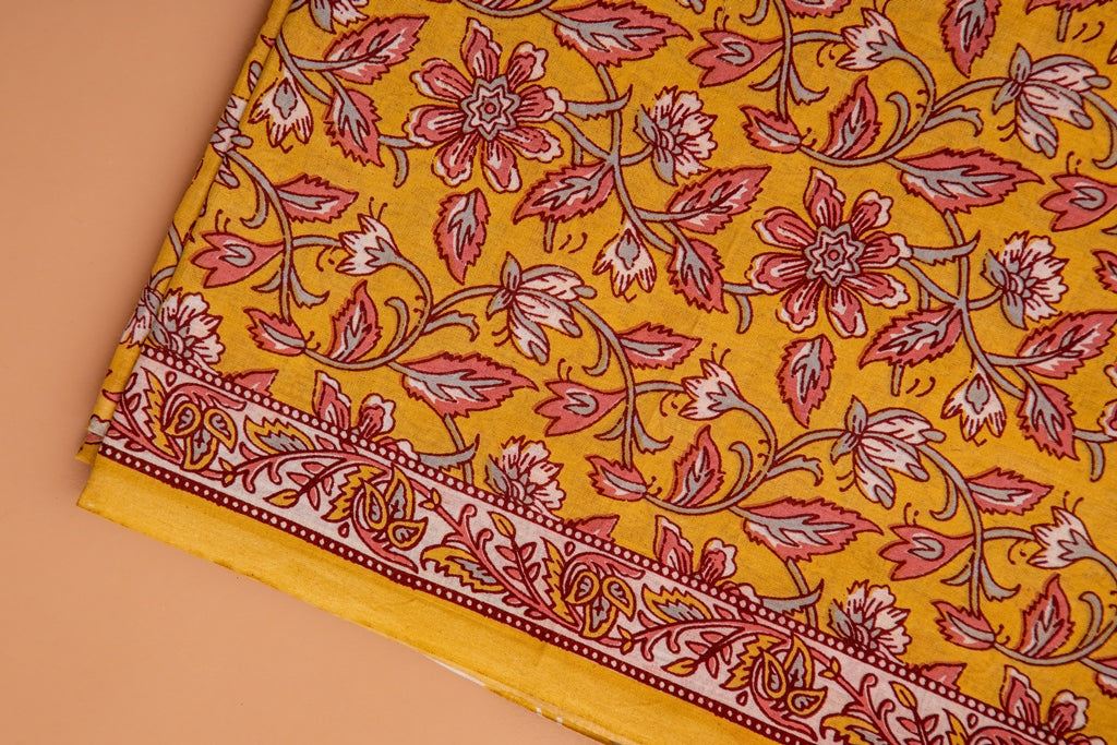 Dandelion Yellow and Punch Pink- White Handblock Printed Unstitched Cotton Suit Set With Mulmul Dupatta (116NV3CTML)