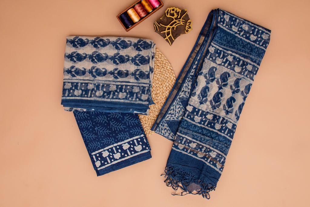 Indigo Blue and White Handblock Printed Kota Doriya Unstitched Suit Set (117NV3KTKT)