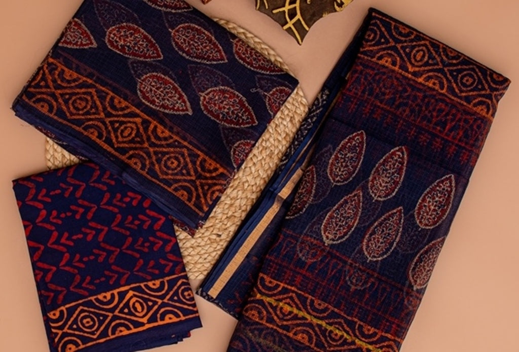 Oxford Blue and Brown Handblock Printed Kota Doriya Unstitched Suit Set (120NV3KTKT)